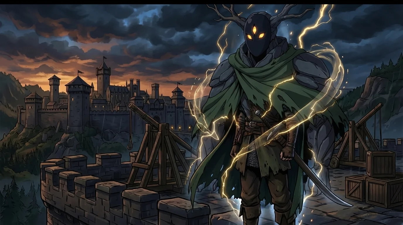 End concept: horned guardian above fortress wall