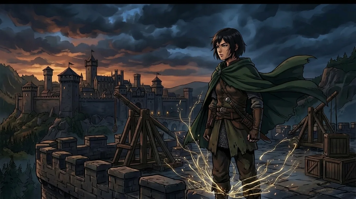 Start concept: scout on fortress wall amid lightning